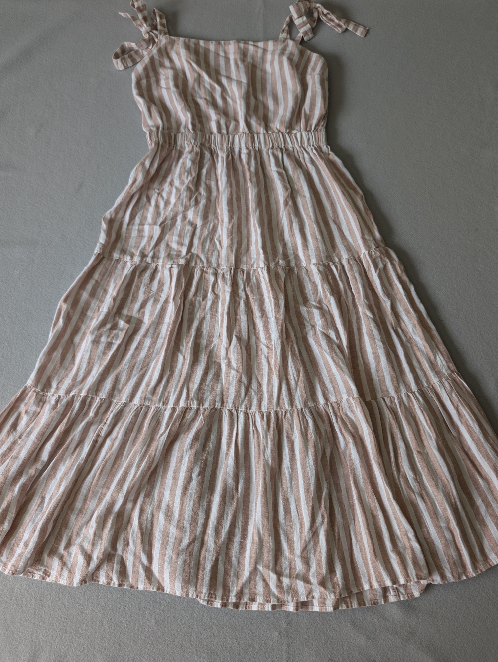 Linen Blend Tie Strap Ruffle Tier Coastal Neutral Striped Midi Dress Sz L Beach image 4